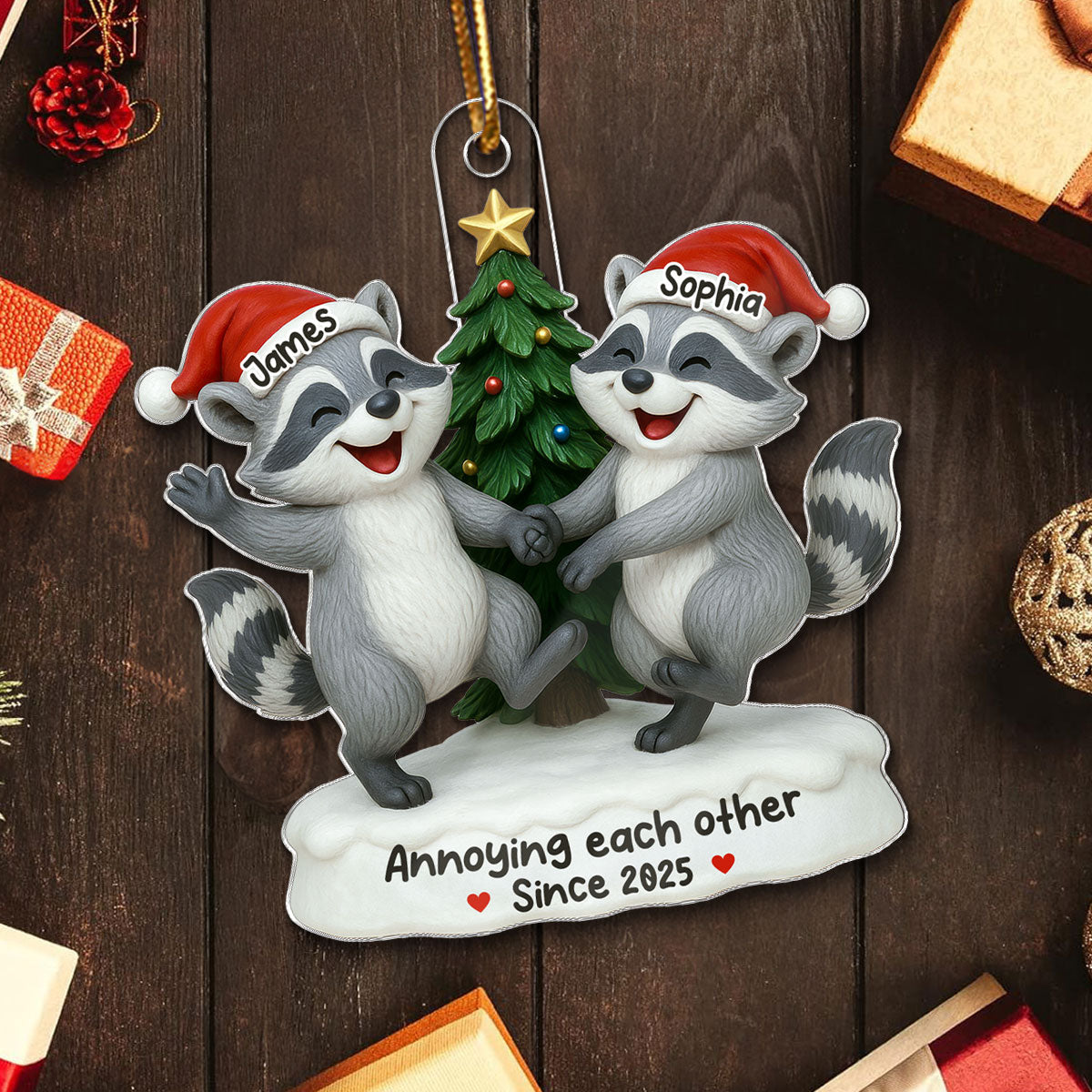 3D Effect Raccoon Couple Annoying Each Other - Personalized Acrylic Ornament - Funny Gift For Couple, Gag Gift
