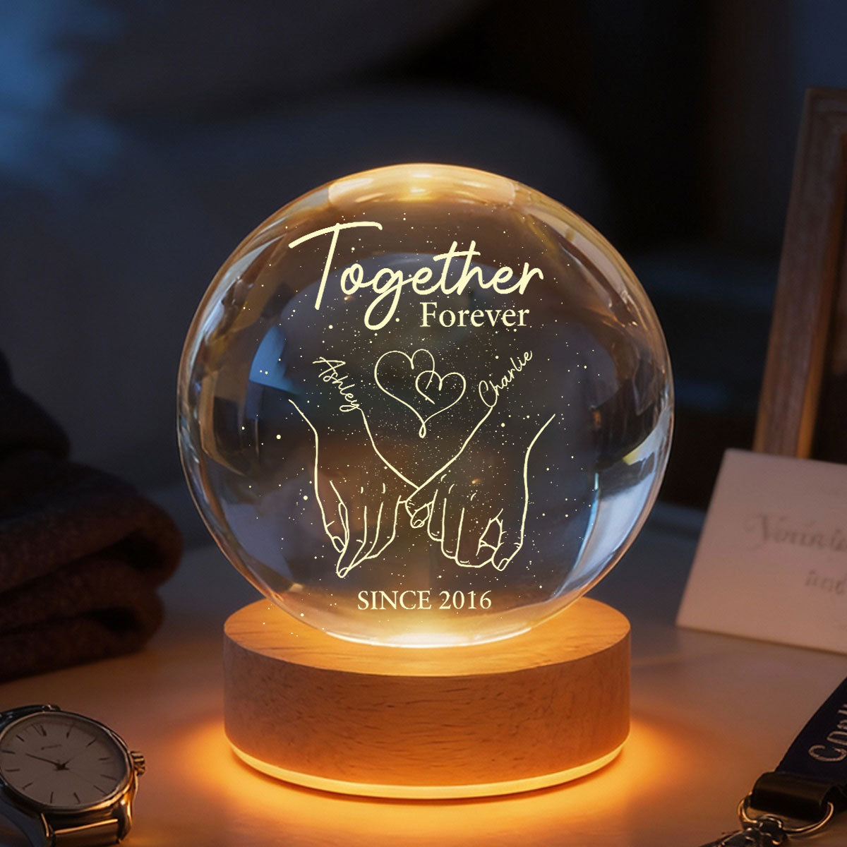 Eternal Love Couple Holding Hands - Personalized Crystal Ball LED Night Light - Valentine's Day Gift For Couple