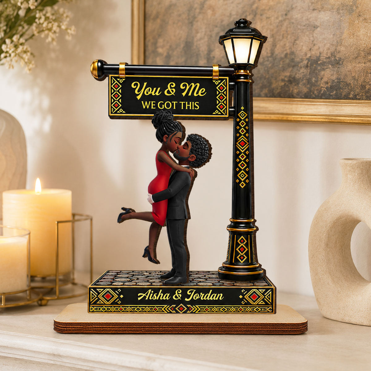 Everlasting Love Couple Together Tribal Pattern Lamp Post - Personalized 2-Layered Wooden Plaque - Anniversary Gift For Couple