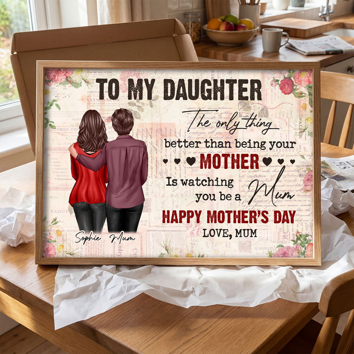 To My Daughter From Mum Vintage Floral Newspaper - Personalised Poster - UK Mother's Day