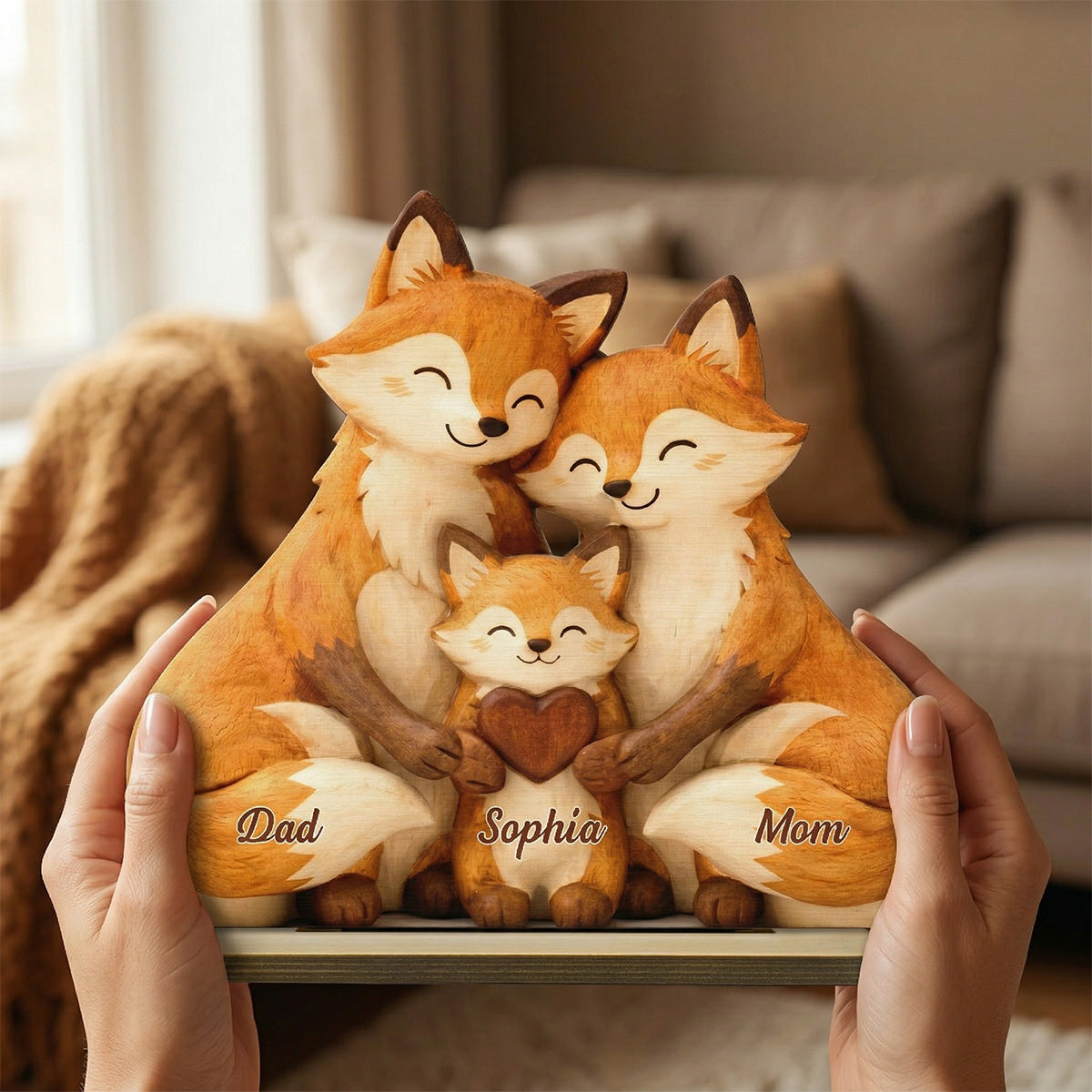 Cozy Fox Family - Personalized 2-Layered Wooden Plaque - Mother's Day Gift For Mom, Woodland Animal Decor