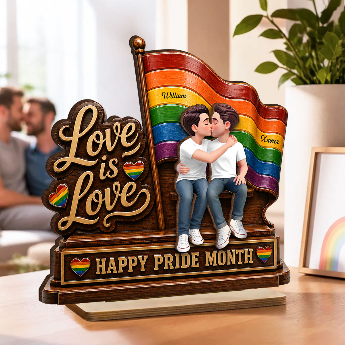Happy Pride Month LGBT Couple - Personalized 2-Layered Wooden Plaque - Heartfelt Gift for Her, Gift for Him