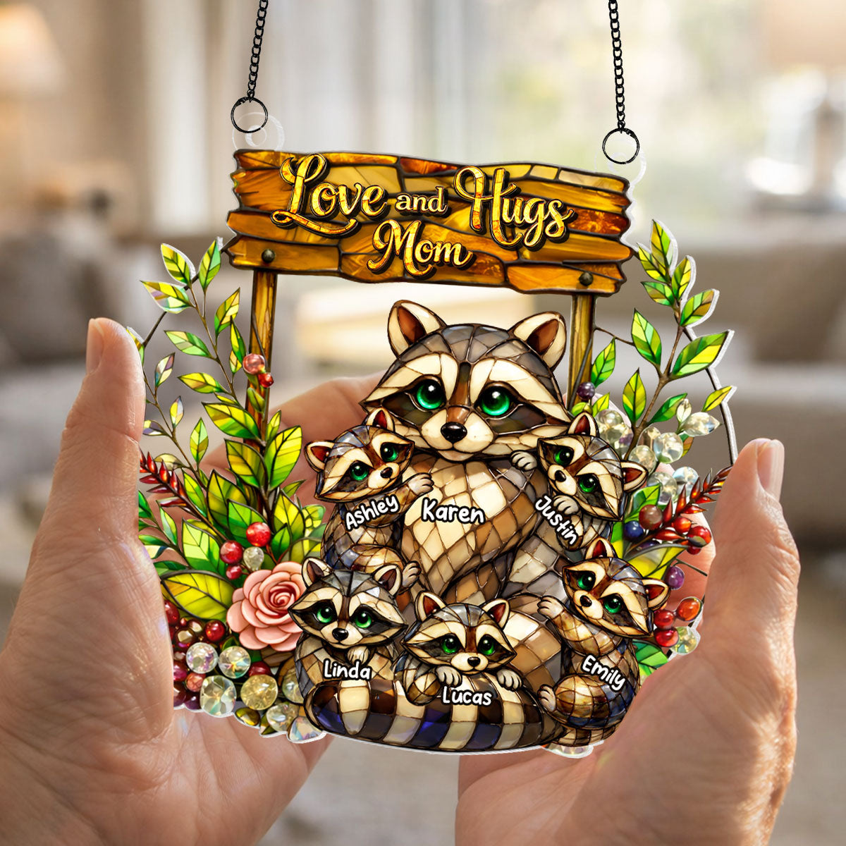 Raccoon Mom And Kids - Personalized Suncatcher - Gift For Mom, Grandma