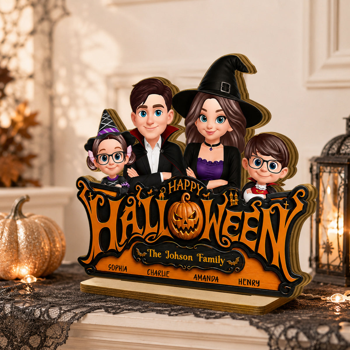 Happy Halloween Jack O Lantern Family - Personalized 2-Layered Wooden Plaque - Trendy Fall Halloween Decor