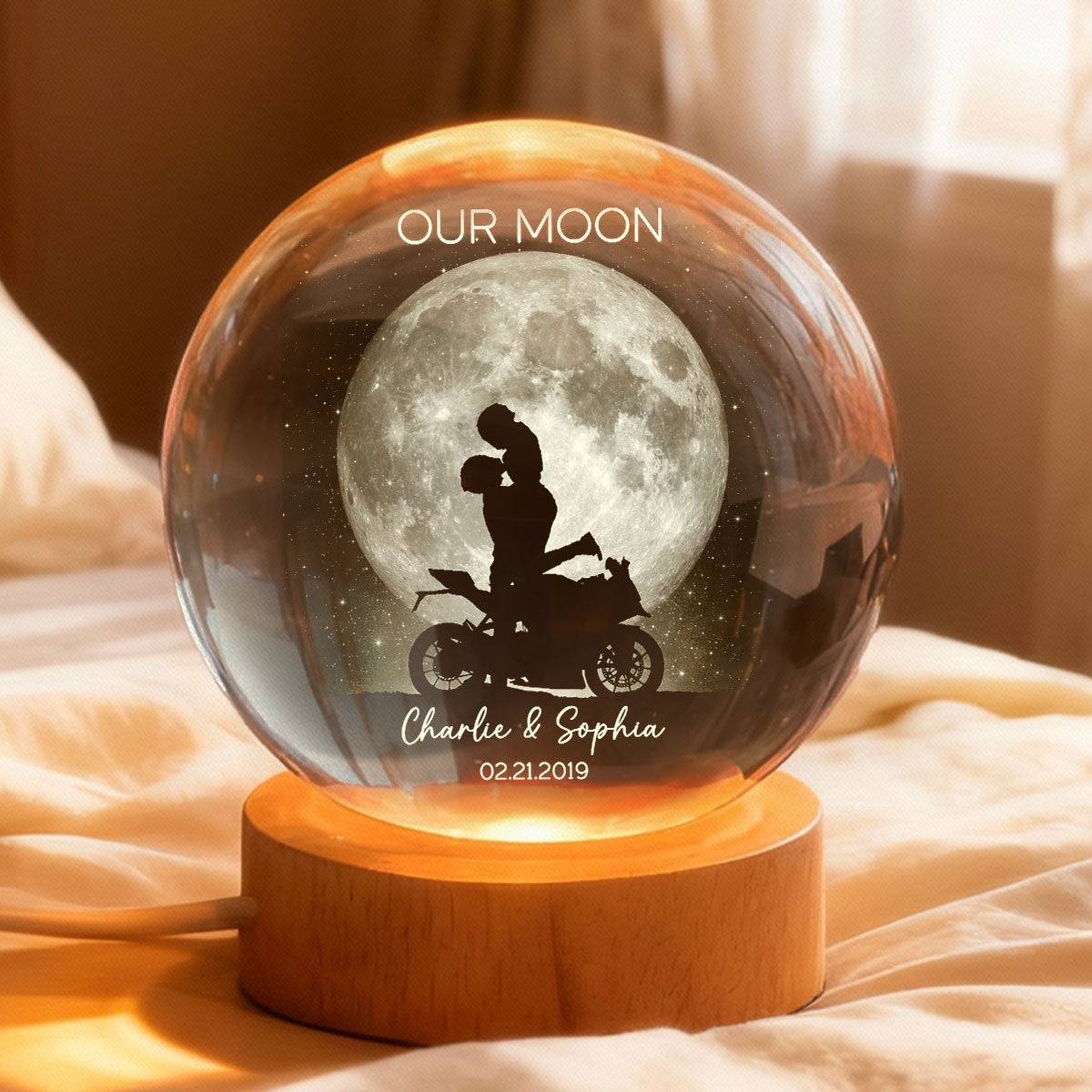 Biker Couple Kissing in the Moonlight, Custom Moon Phase by Date - Personalized Crystal Ball LED Night Light - Heartfelt Valentine's Day Gift for Her, for Him