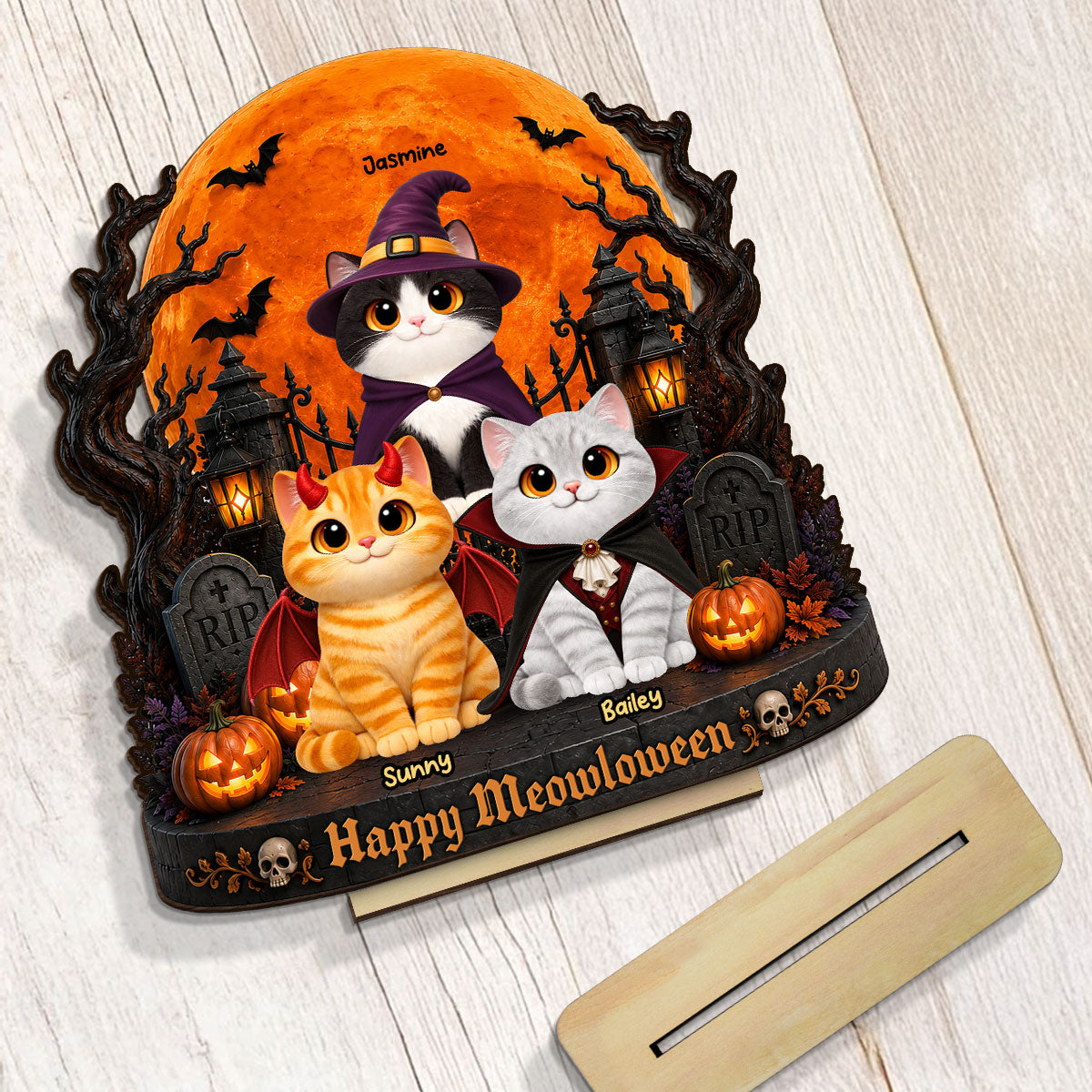 Spooky Halloween Cats Under Moonlight - Personalized 2-Layered Wooden Plaque - Halloween Decor For Cat Lovers