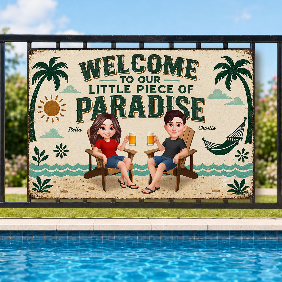 Couple Welcome To Our Little Piece Of Paradise - Personalized Metal Sign - Summer Pool Patio Decoration