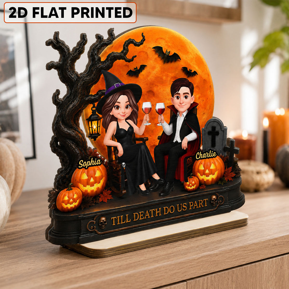 Spooky Halloween Couple With Moon - Personalized 2-Layered Wooden Plaque - Gift For Couple, Him, Her