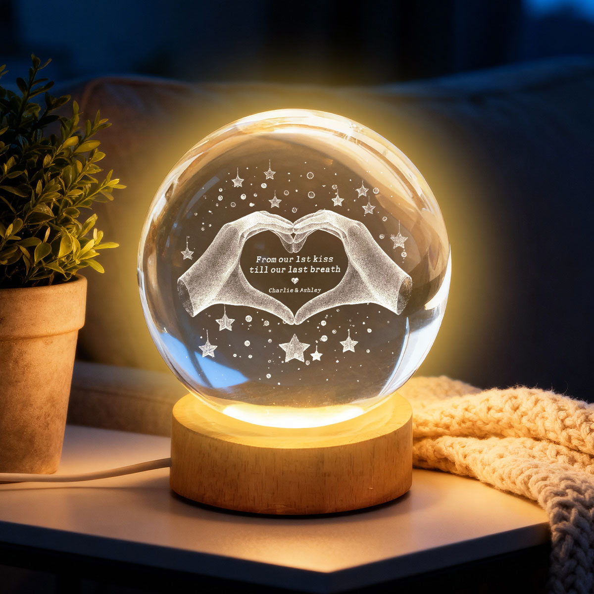 From Our First Kiss Till Our Last Breath - Personalized Crystal Ball Night Light - Heartfelt Anniversary Gift for her, for him