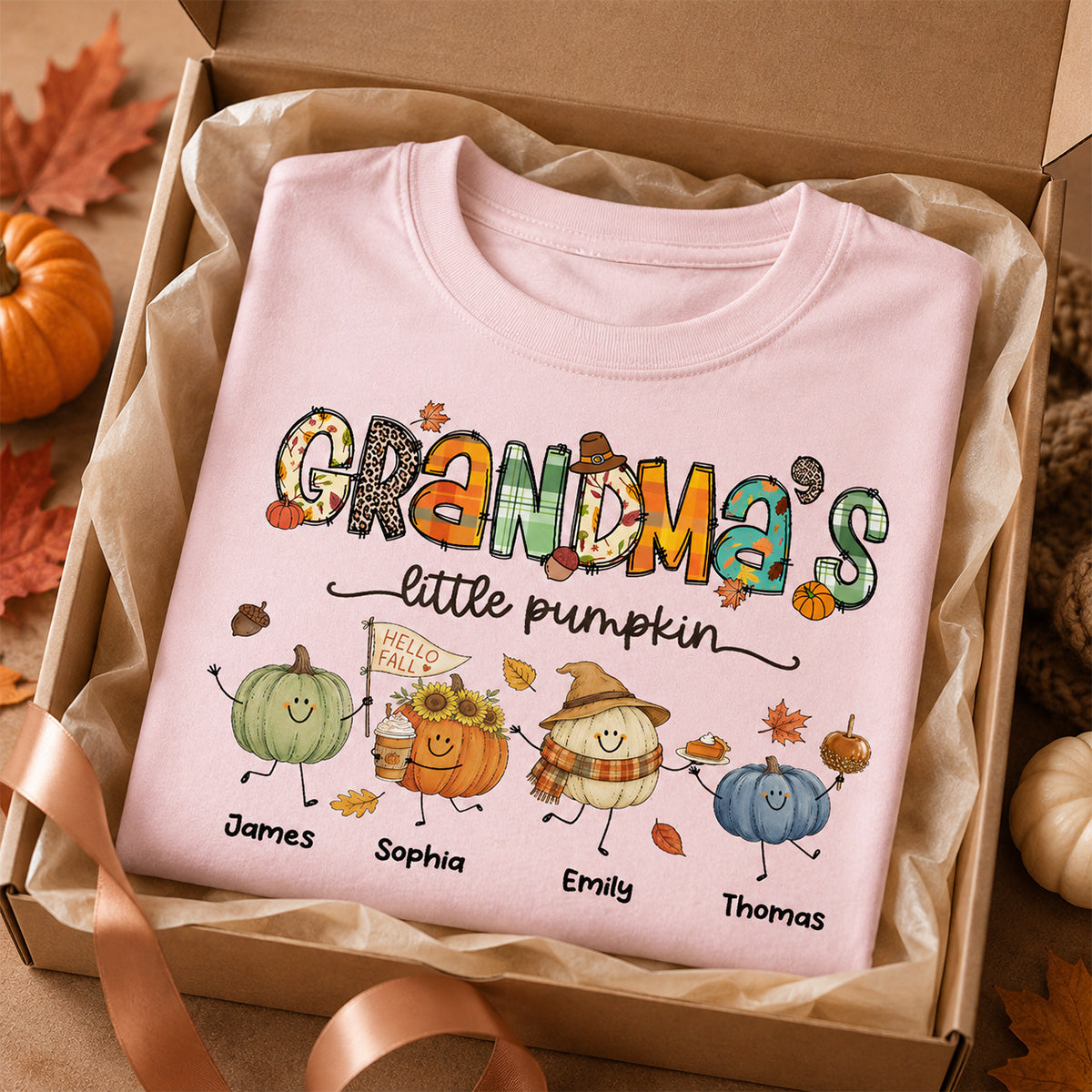 Grandma's Little Pumpkins Cute Doodle Pumpkins - Personalized Shirt - Fall Season Gift For Grandma, Mom