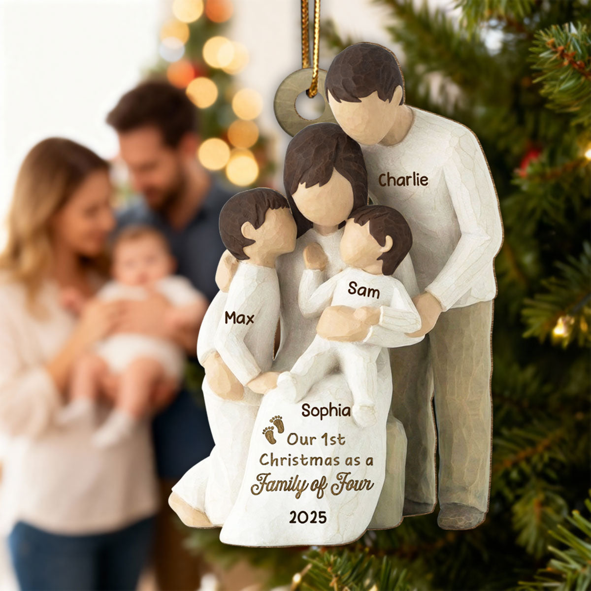 3D Effect First Christmas As Family Of Four - Personalized Wooden Ornament
