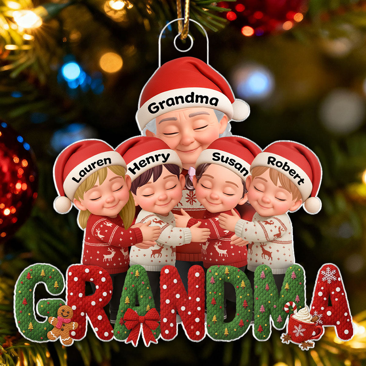 Grandma Hugging Grandkid Latch Hook Yarn Faux - Personalized Acrylic Ornament - Heartfelt Christmas Gift for Grandma, Grandkids