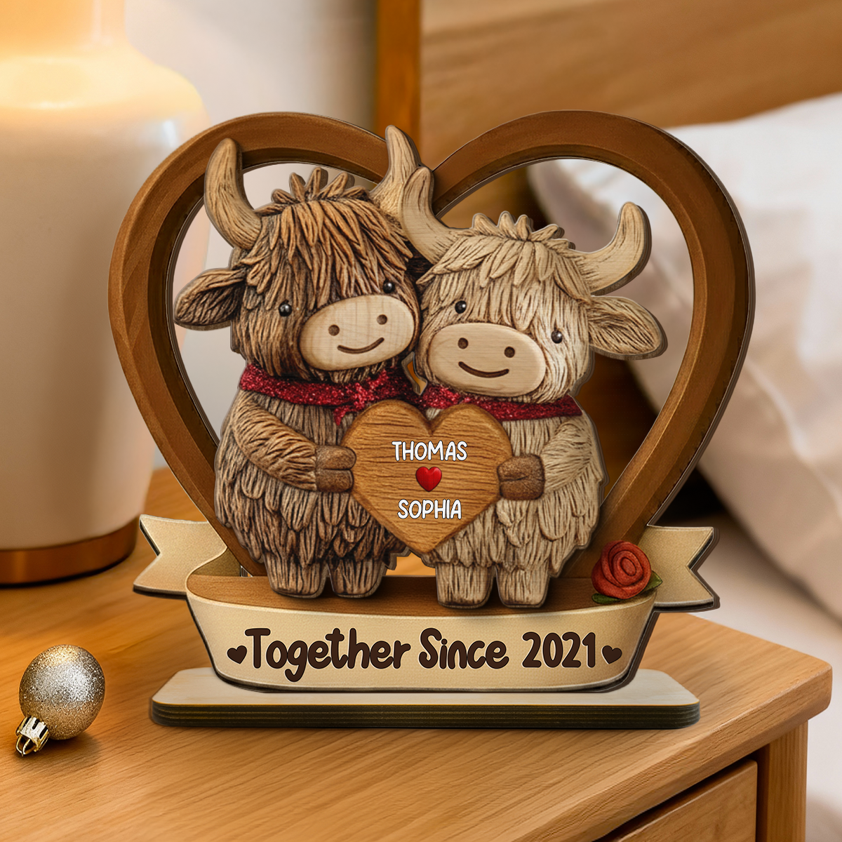 3D Effect Highland Cows Couple Heart - Personalized 2-Layered Wooden Plaque - Perfect Valentine's Day Gift For Him, Gift For Her