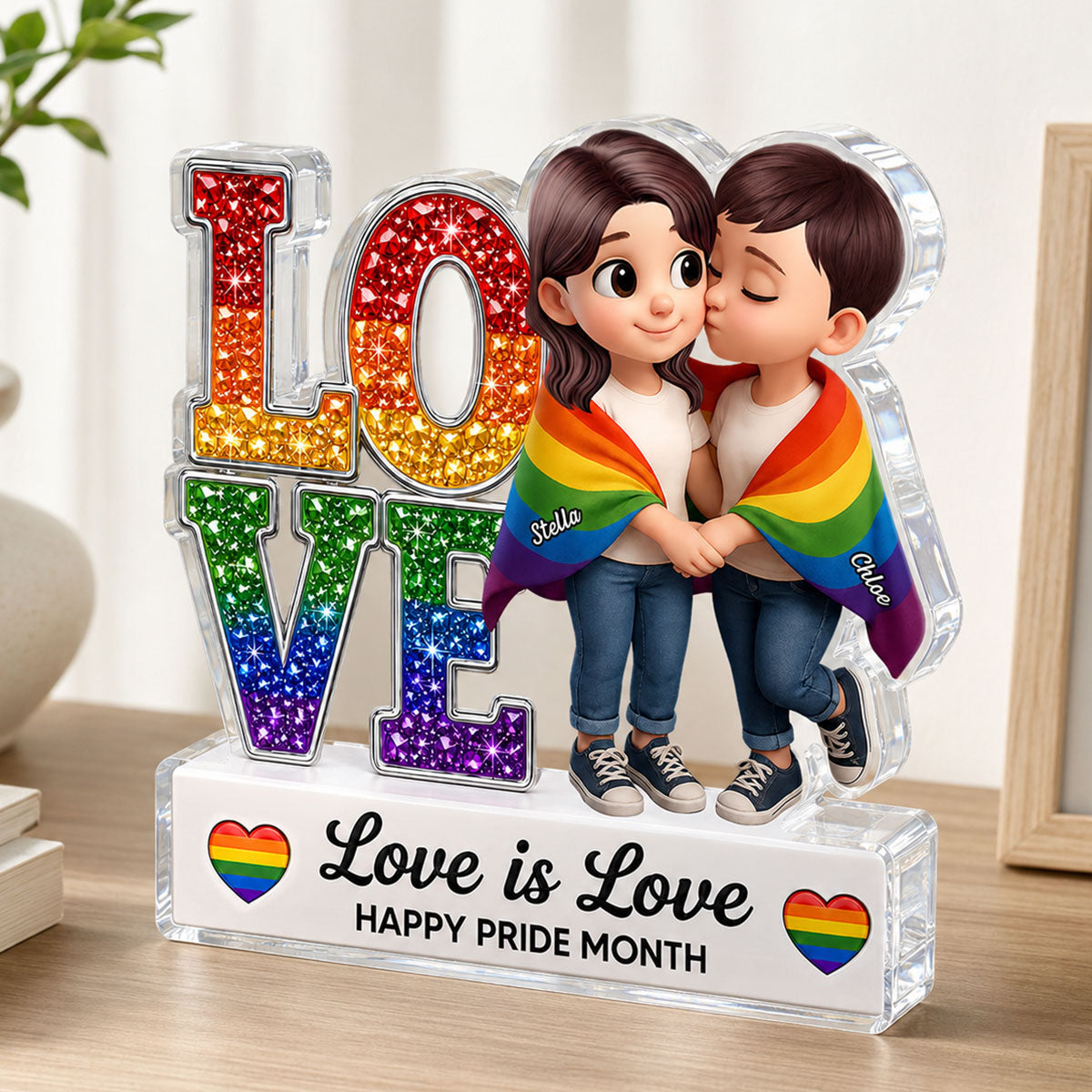 LGBT+ Couple Love Is Love - Personalized Acrylic Block Plaque - Gift For Couple, Happy Pride Month