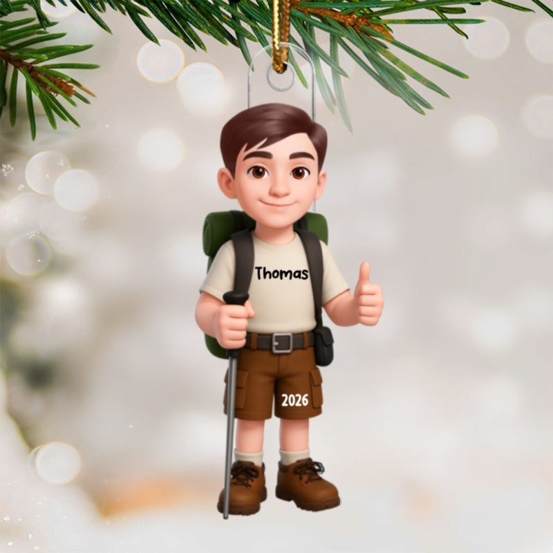 Christmas Boy Girl Hiking - Personalized Acrylic Ornament - Gift For Hiking Lovers, Hikers, Campers, Trekking Mountain, National Park Lovers, Grandson, Granddaughter
