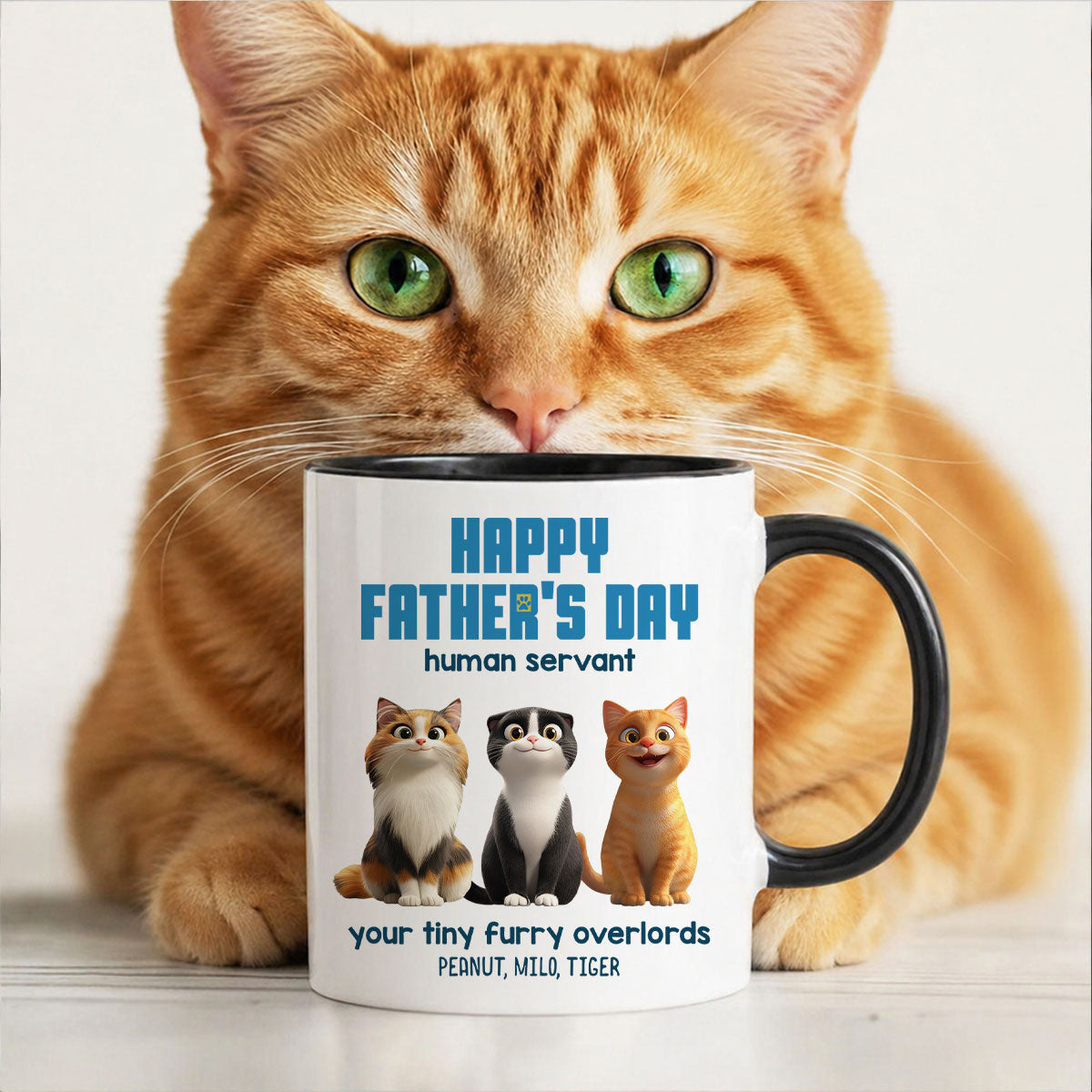 Happy Father's Day Human Servant Cute Fluffy Cats - Personalized Mug - Unique Gift for Cat Dads, Husband