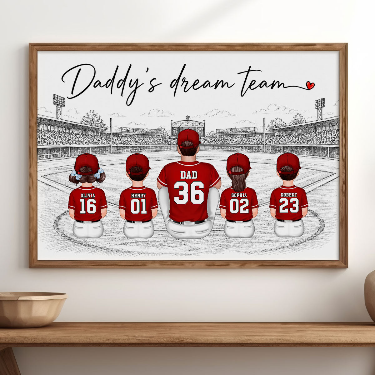 Sketch Style Baseball Family Daddy's Dream Team - Personalized Poster - Father's Day Gift For Dad, Husband