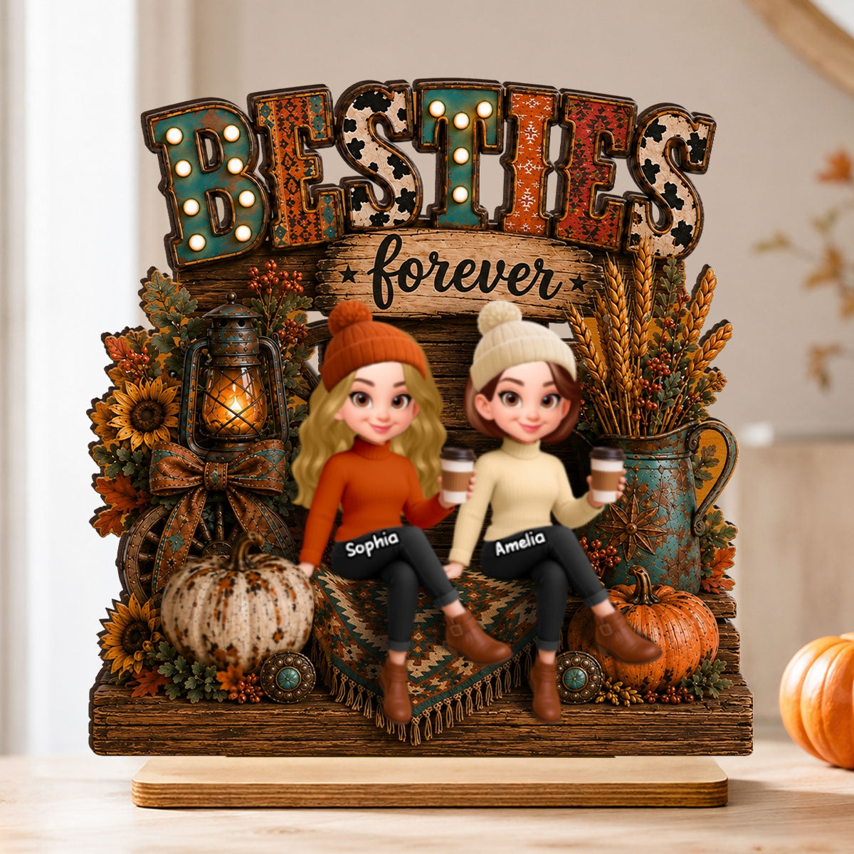 Western Fall Vibe Besties Forever - Personalized 2-Layered Wooden Plaque - Cozy Fall Decor for Best Friends