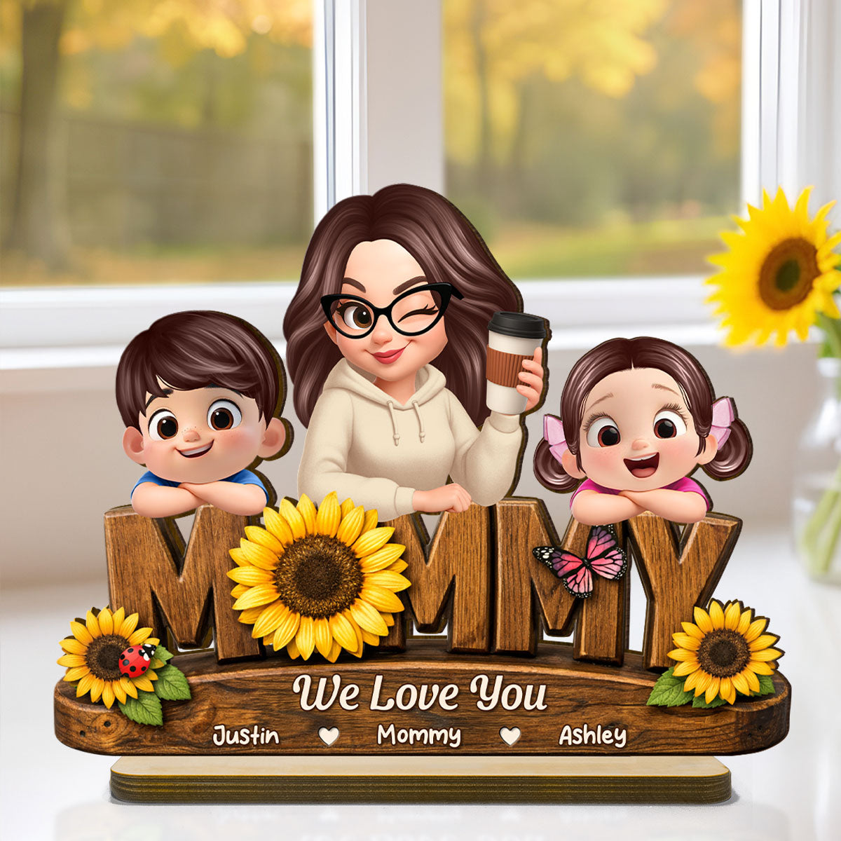Mommy We Love You Sunflower Pattern - Personalized 2-Layered Wooden Plaque - Heartfelt Mother's Day Gift for Mom, Wife, Farmhouse Decor