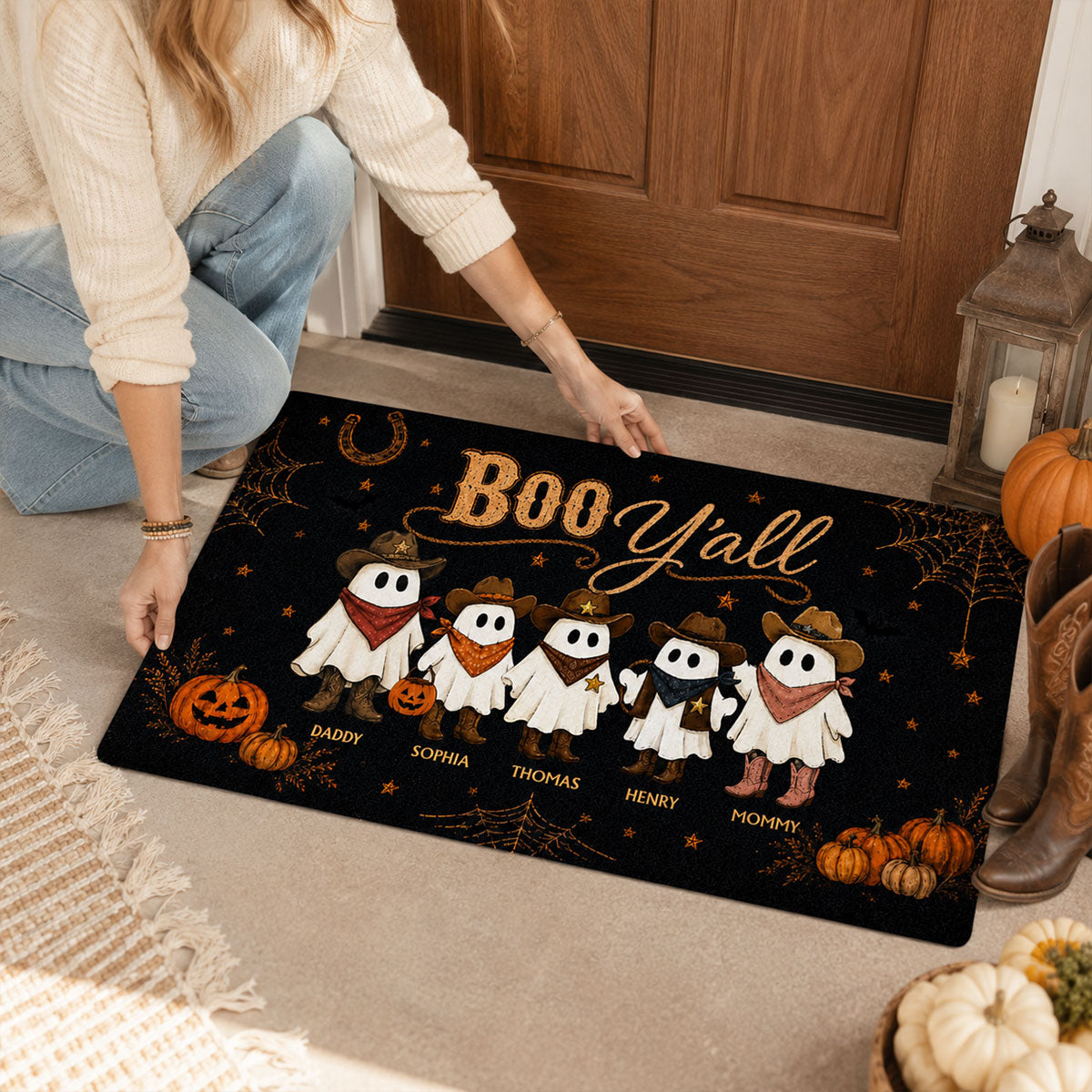 Boo Y'all Cowboy Ghost Family - Personalized Doormat - Western Country Vibe Halloween Decor For Families