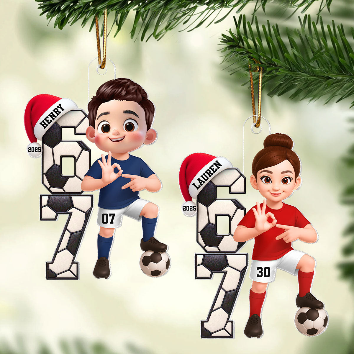 Soccer Boy and Girl Custom Six Seven 67 - Personalized Acrylic Ornament - Teen Slang Funny Tree Decor, Funny Teen Grandkid Gift