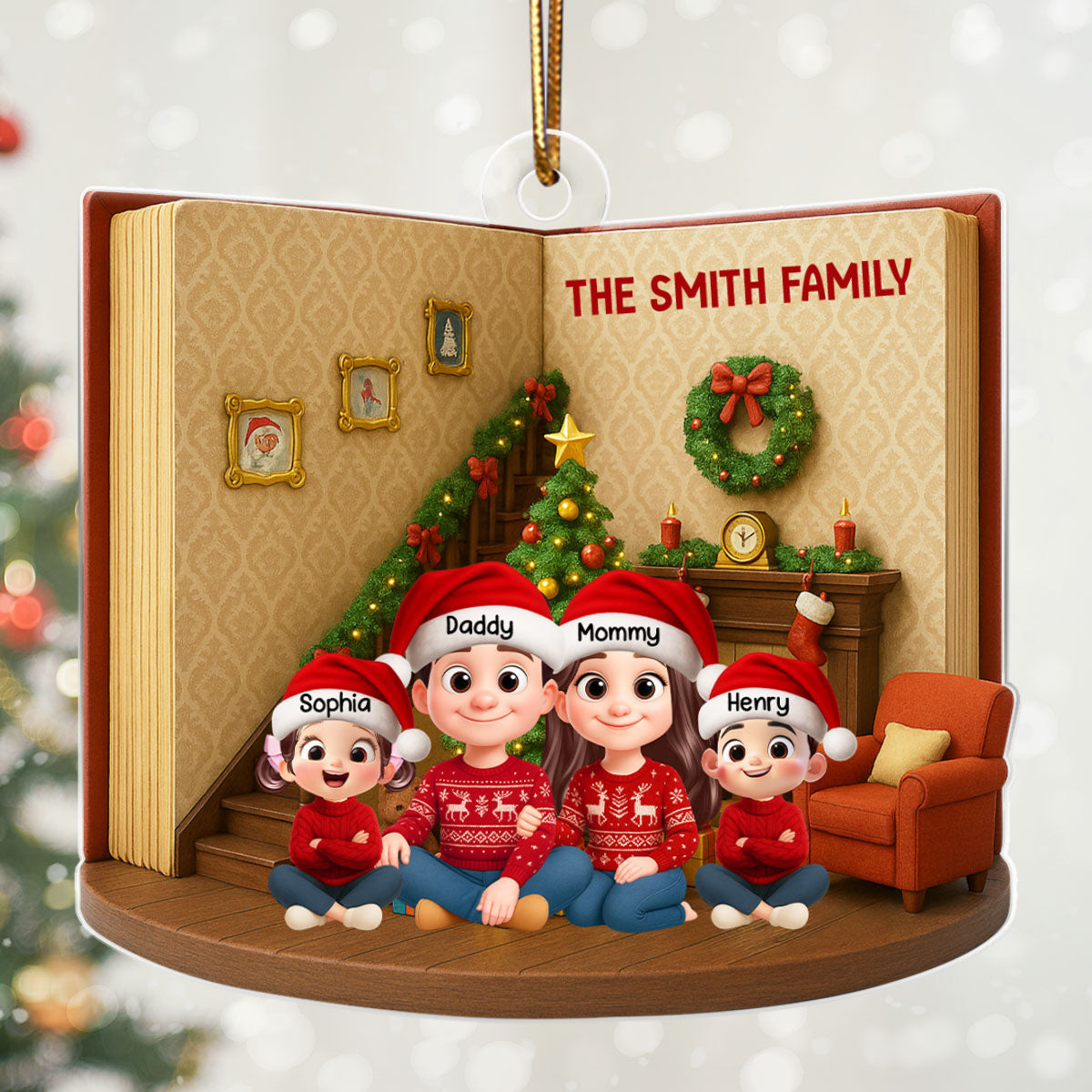 3D Book House Cozy Vibe Family Sitting Together - Personalzied Acrylic Ornament - Christmas Gift for Family