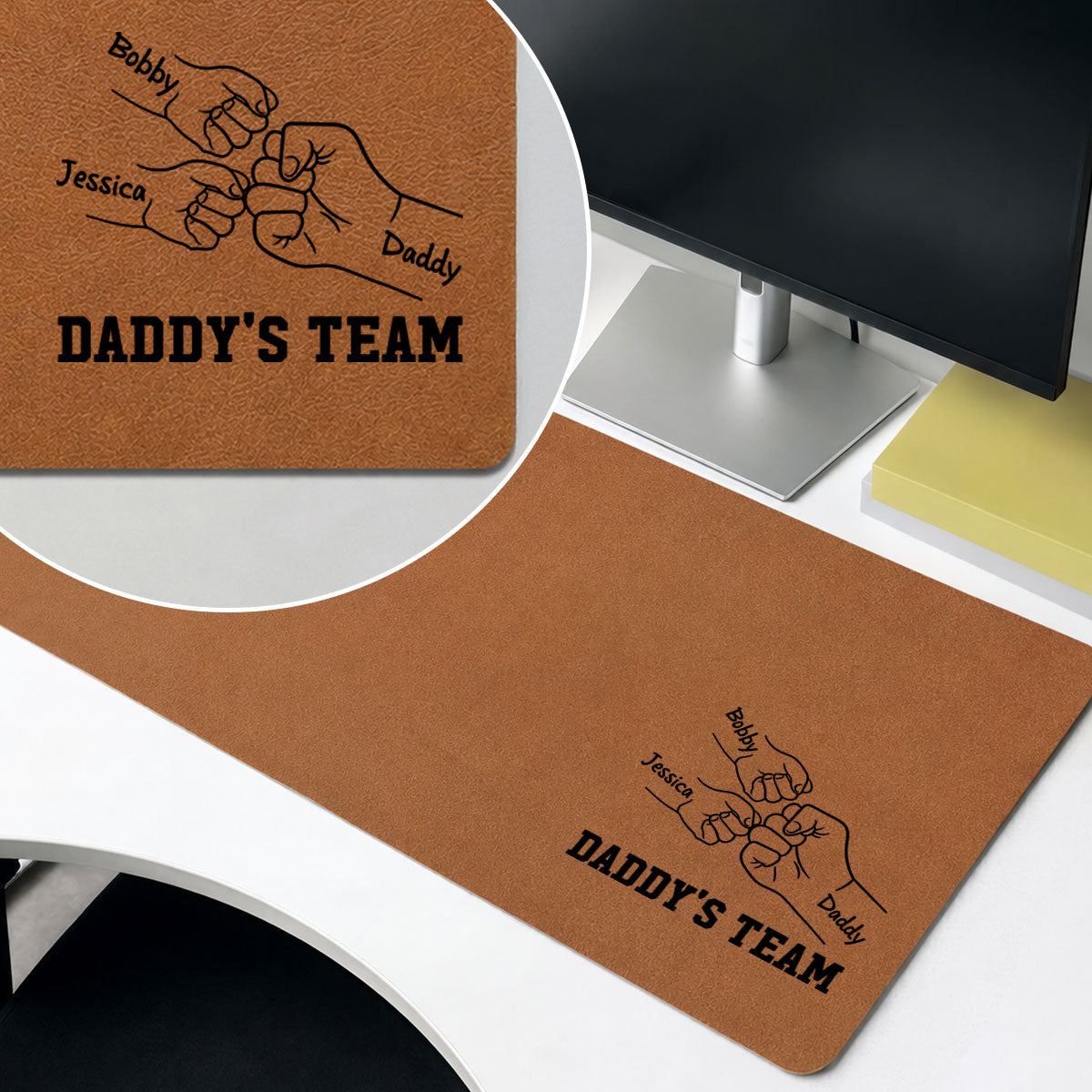 Daddy's Team Fist Bump Outline - Personalized Desk Mat - Father's Day Gift For Dad, Husband