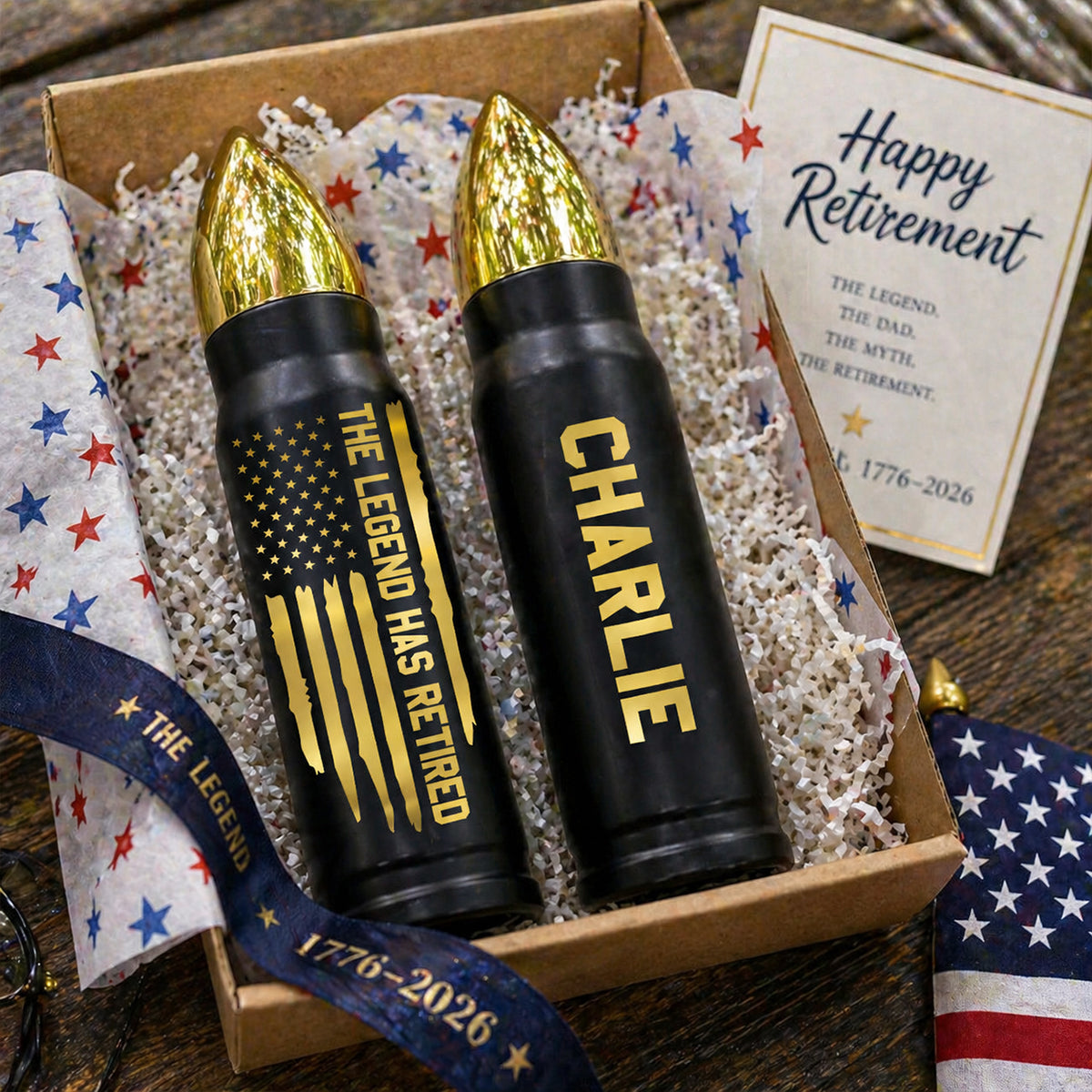 The Legend Has Retired Custom Name - Personalized Bullet Tumbler - United States 250th Anniversary Keepsake For Veterans, Retirement Gifts Patriotic