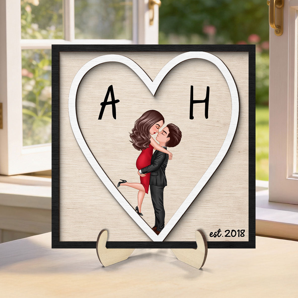Initials Heart Sign - Personalized 2-Layered Wooden Plaque - Gift for Couple