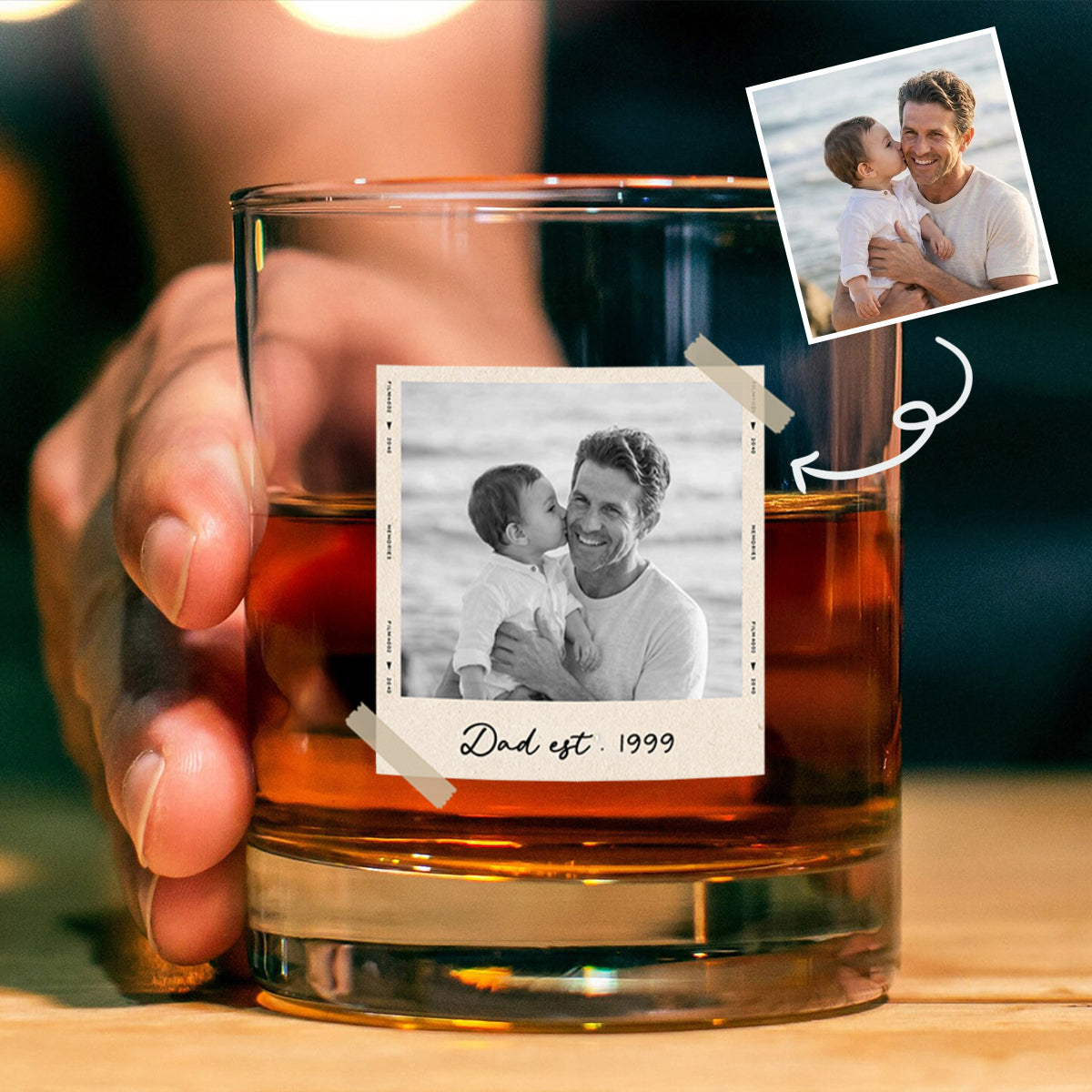 Custom Photo Dad Est - Personalized Whiskey Glass - Father's Day Gift for Dad, Husband