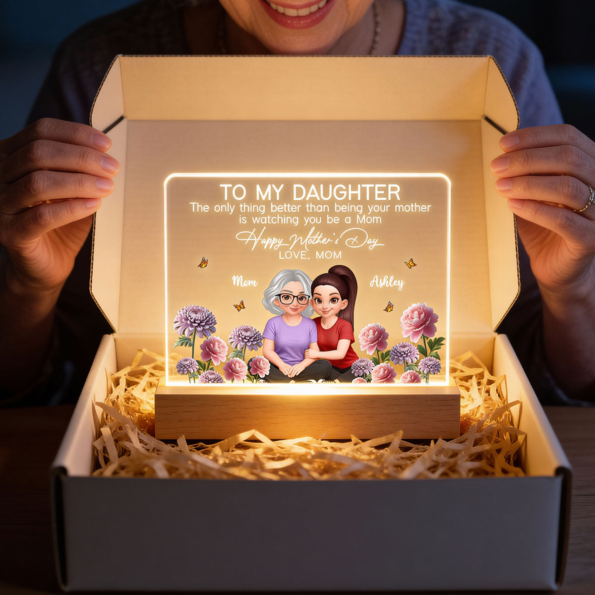 To My Daughter Happy Mother's Day Custom Birth Month Flower - Personalized Acrylic Block LED Plaque - Mother's Day Gift For Daughter