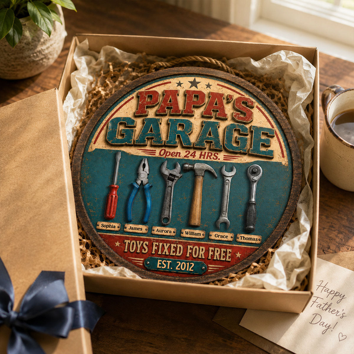 Papa Dad's Garage Toys Fixed For Free Custom Kid Name 2D Flat - Personalized Wooden Garage Sign - Father's Day Gift For Mechanic Dad, Grandpa