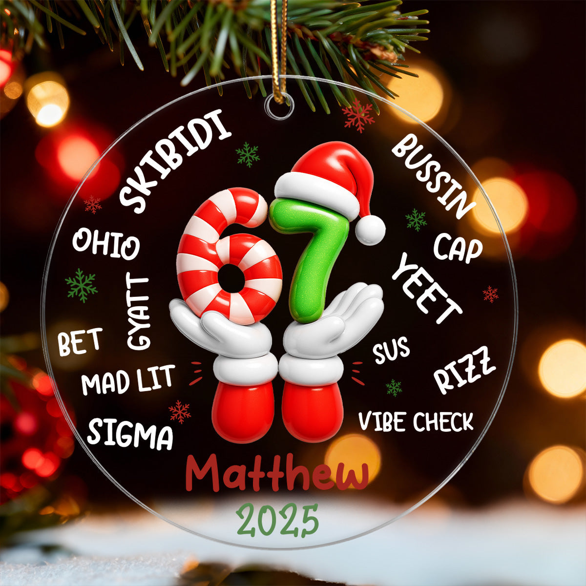 Custom Name Kid Slang Six Seven 3D Effect - Personalized Acrylic Ornament - 2025 Slang, Funny Teen Grandkid, Gen Alpha Christmas Gift