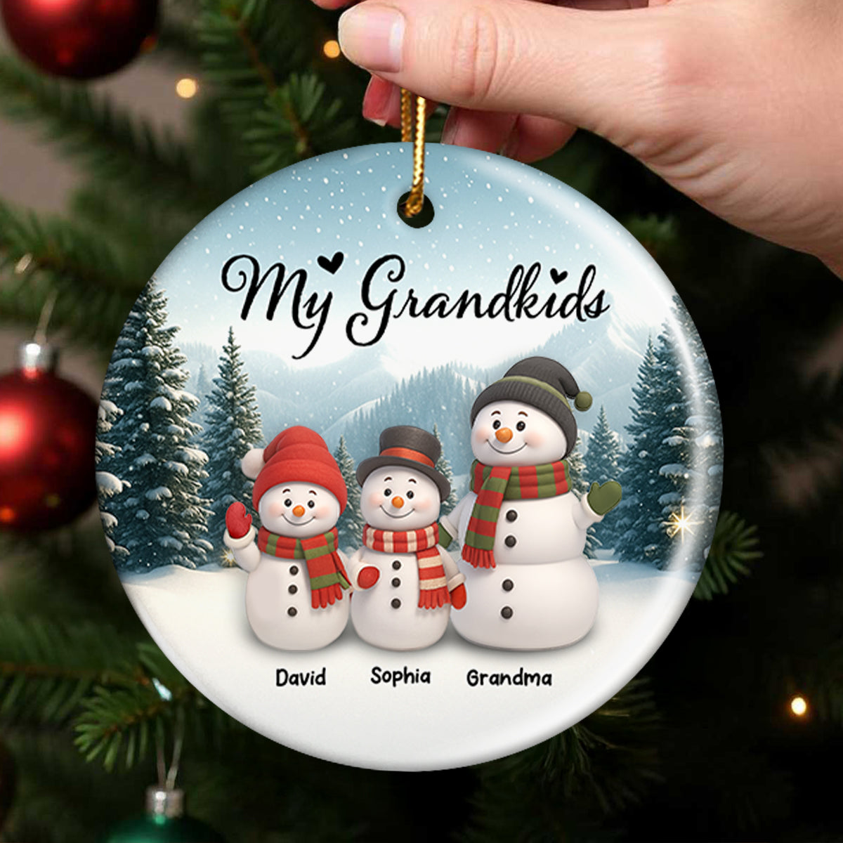 Grandma Grandkids Snowman - Personalized Ceramic Ornament with Acrylic - Unique Christmas Gift for Grandma