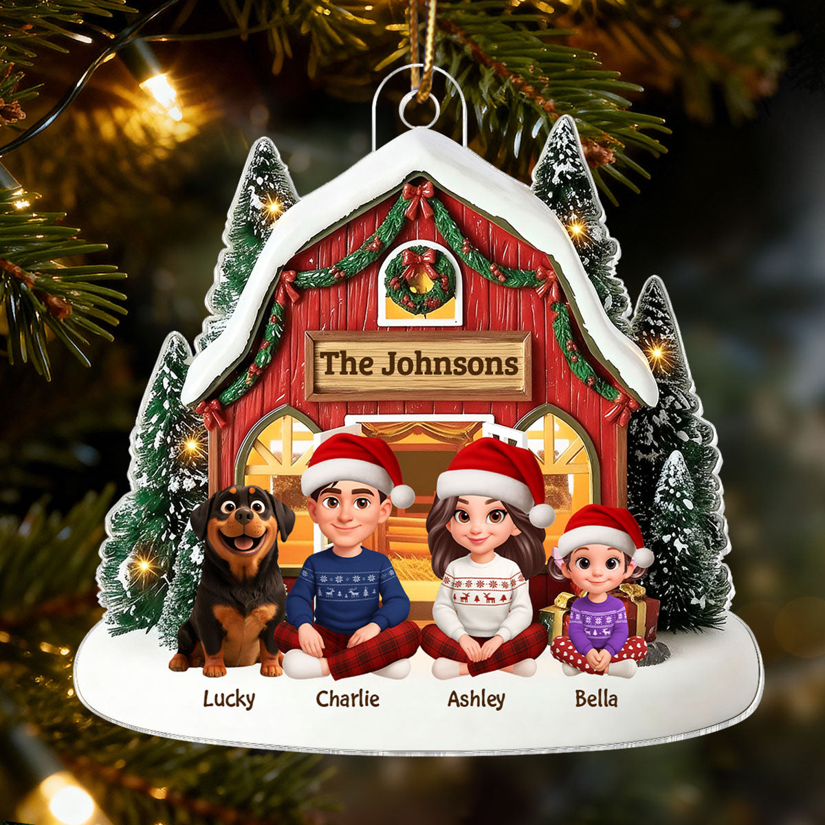 3D Effect Christmas Barn House Family Sitting Together - Personalized Acrylic Ornament