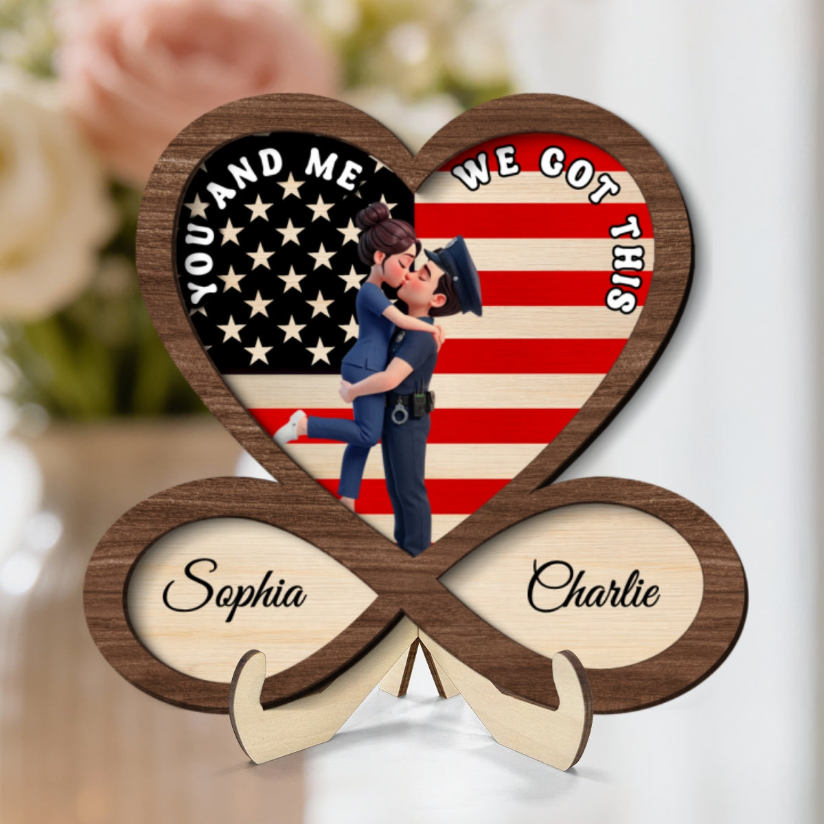 Proud Hero Couple Infinity Nation Flag Heart - Personalized 2-Layered Wooden Plaque - Valentine's Day Gift For Couple, For Him, For Her, Nurse, Police, Firefighter, Army