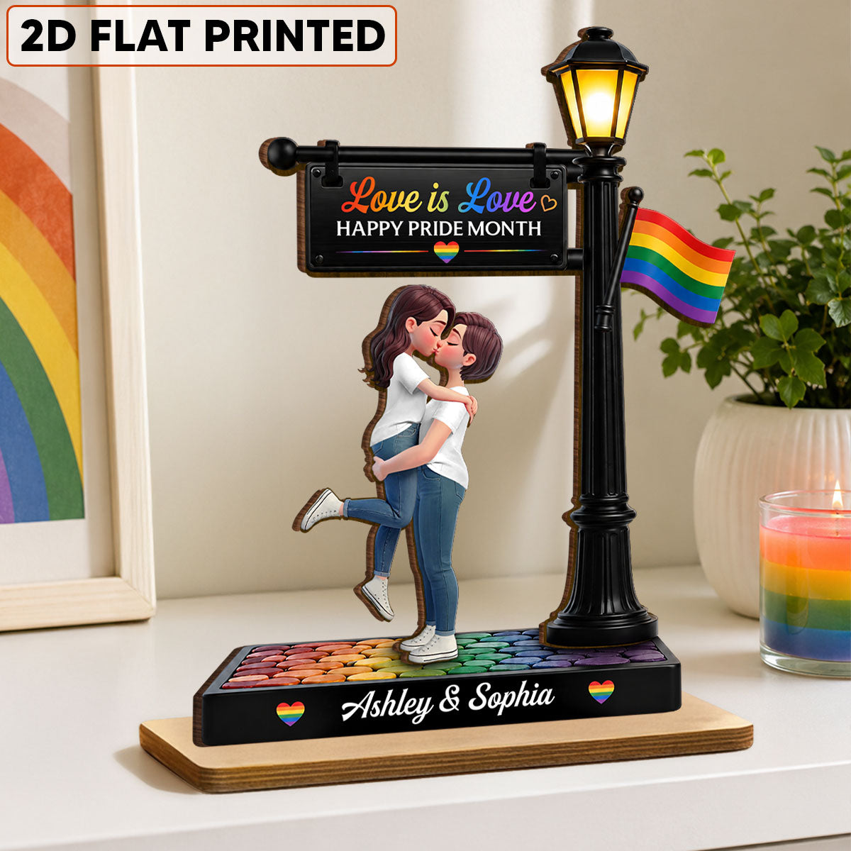 LGBT Couple Under Lamp Post - Personalized 2-Layered Wooden Plaque - Gift For Couple, Happy Pride Month