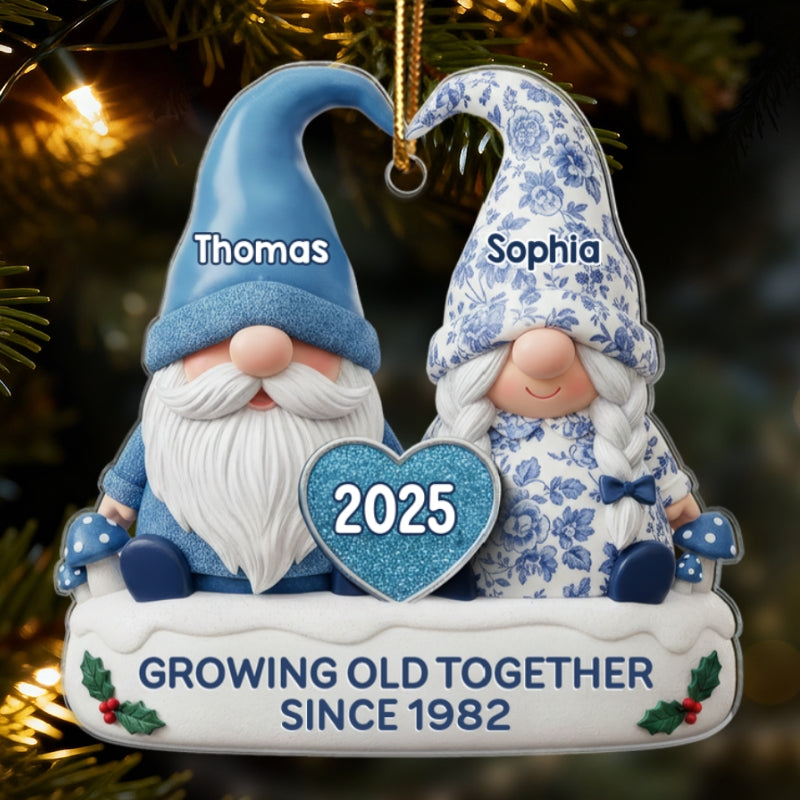 3D Effect Vintage Floral Toile De Jouy Pattern Gnome Couple - Personalized Acrylic Ornament