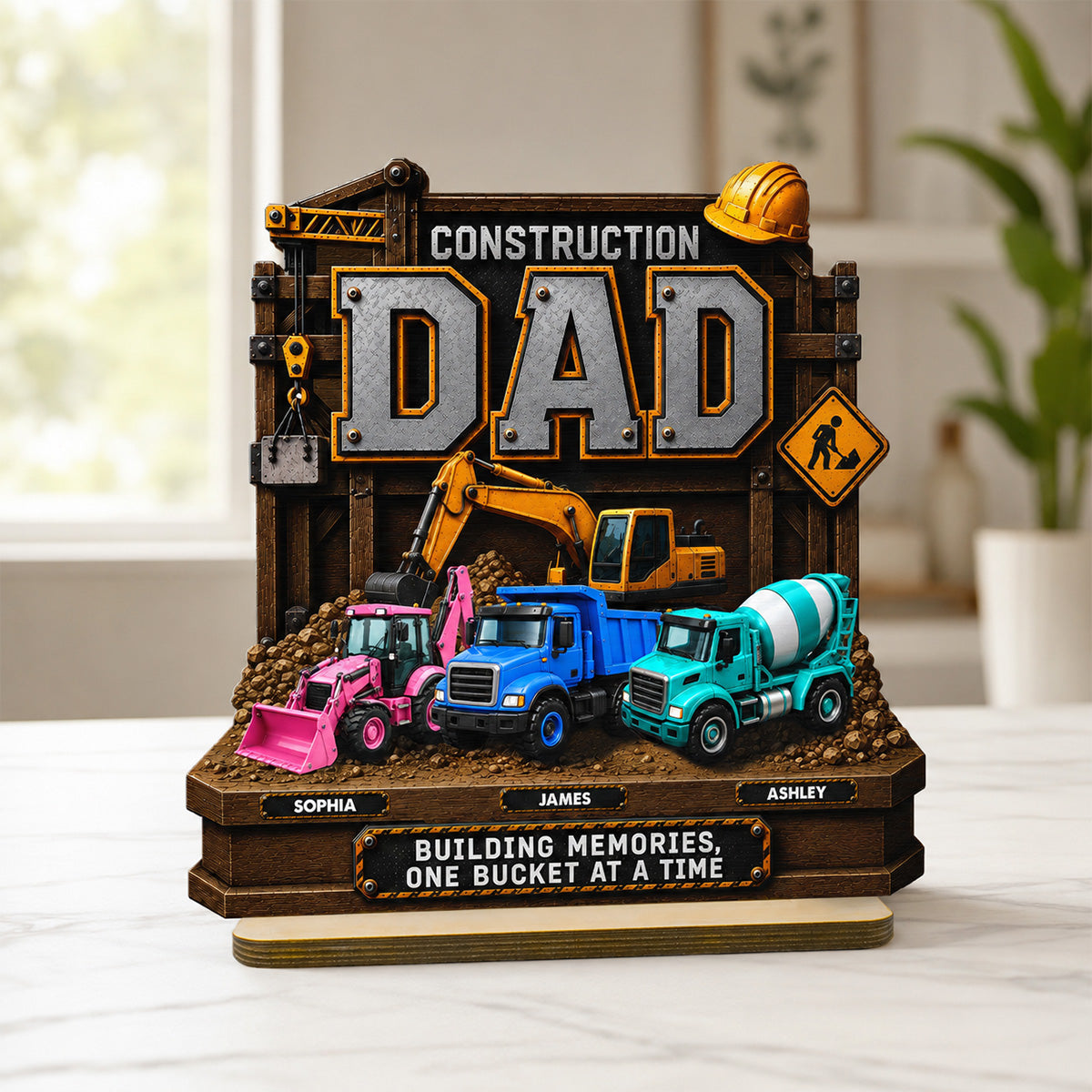 Construction Dad with Kids Names 2D Flat - Personalized Wooden Plaque