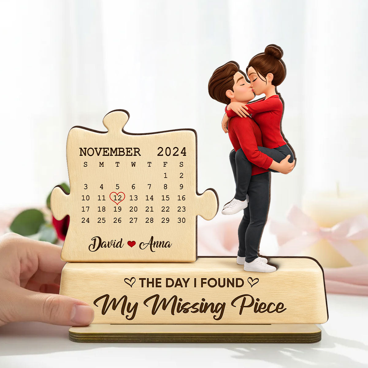 The Missing Piece Couple Kissing - Personalized 2-Layered Wooden Plaque - Anniversary, Valentine's Day Gift, Gift For Him, Gift For Her