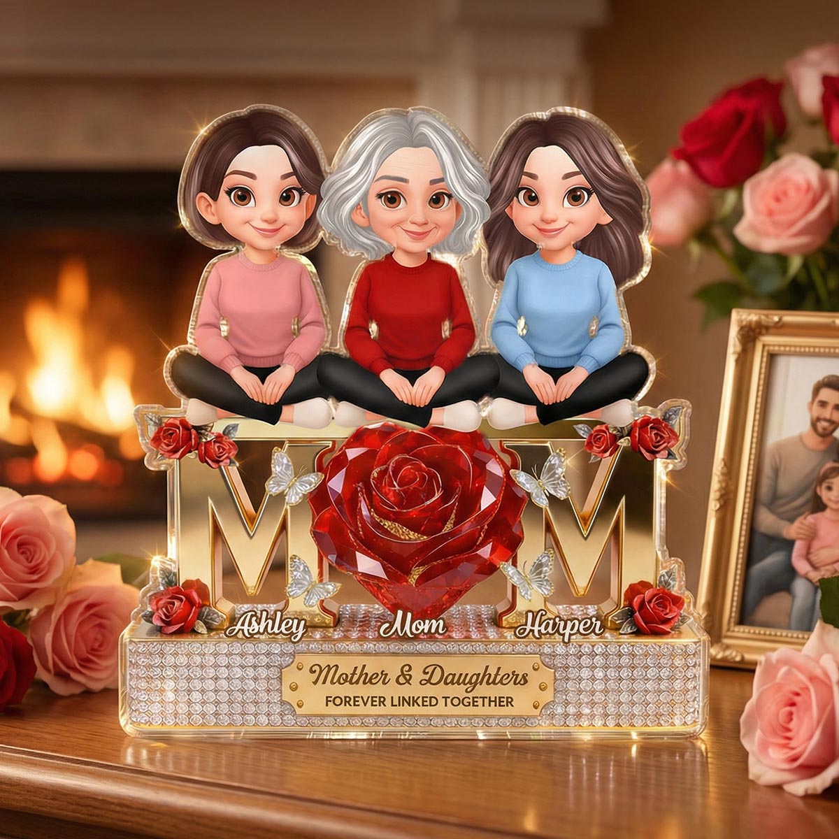 Beautiful Roses MOM And Daughters Sons - Personalized Acrylic Block Plaque - Gift For Mom