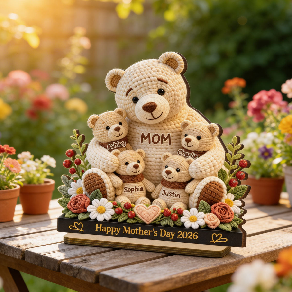 Mama Bear's Warm Hug - Personalized 2-Layered Wooden Plaque - Heartfelt Gift For Mom