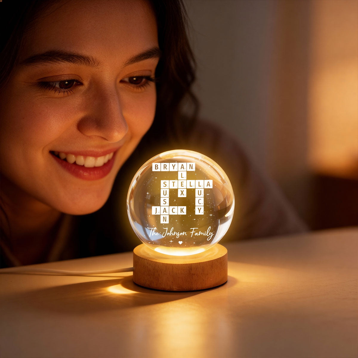 The Family Puzzle Crossword Art Home Decor - Personalized Crystal Ball LED Night Light