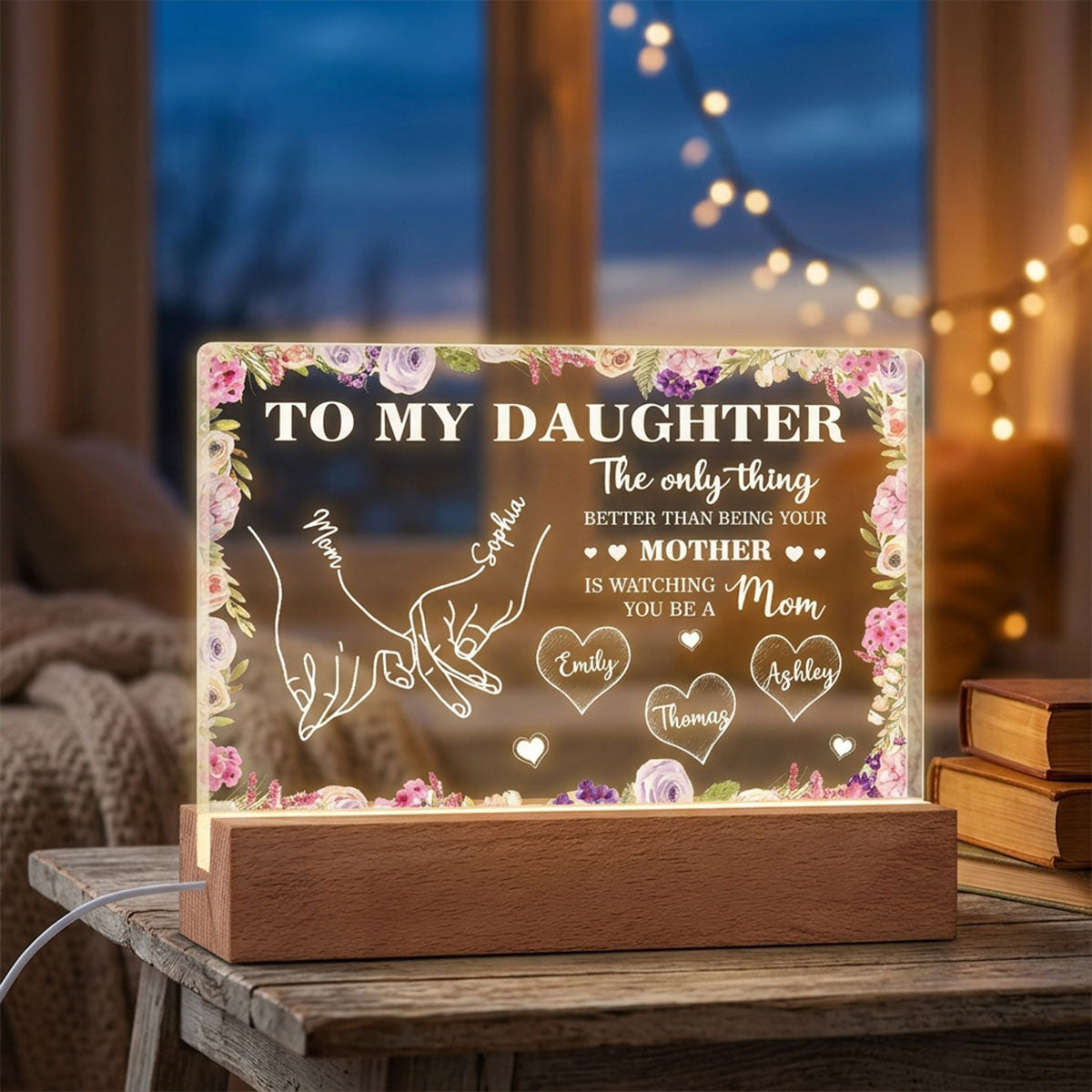 To My Daughter Mom And Daughter Holding Hands Custom Kids Names - Personalized Acrylic Block LED Night Light - Mother's Day Gift For Daughter