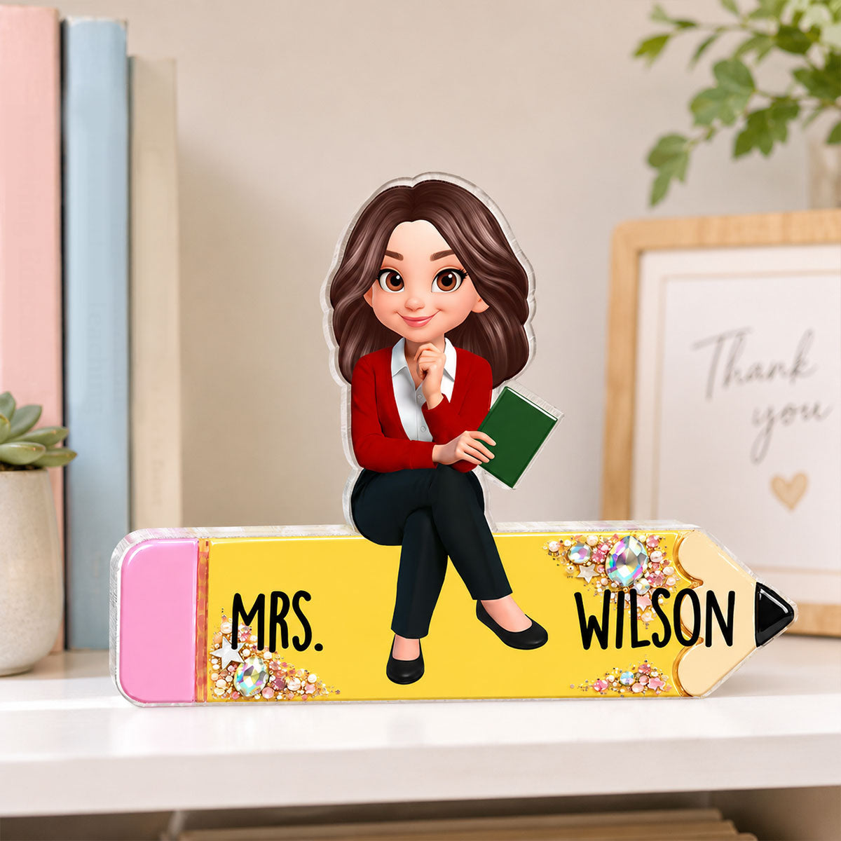 Teacher Sitting On Beautiful Pencil - Personalized Acrylic Block Plaque - Back To School Gift For Teacher, Classroom Decor