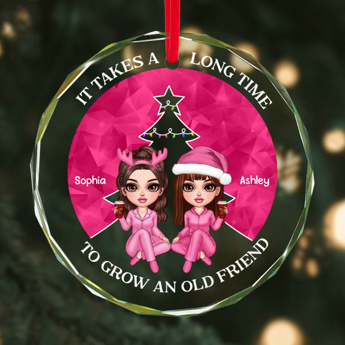Pink Christmas Besties Sister Christmas Tree Personalized Glass Ornament