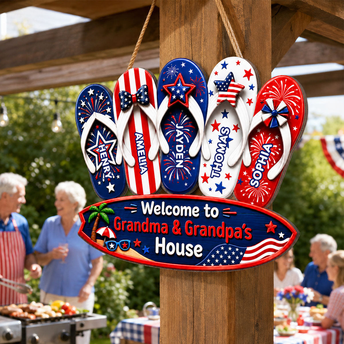 Welcome To Grandma Grandpa House Summer America 250th Anniversary - Personalized Wood Sign - Gift For Grandparents, 4th of July Decoration