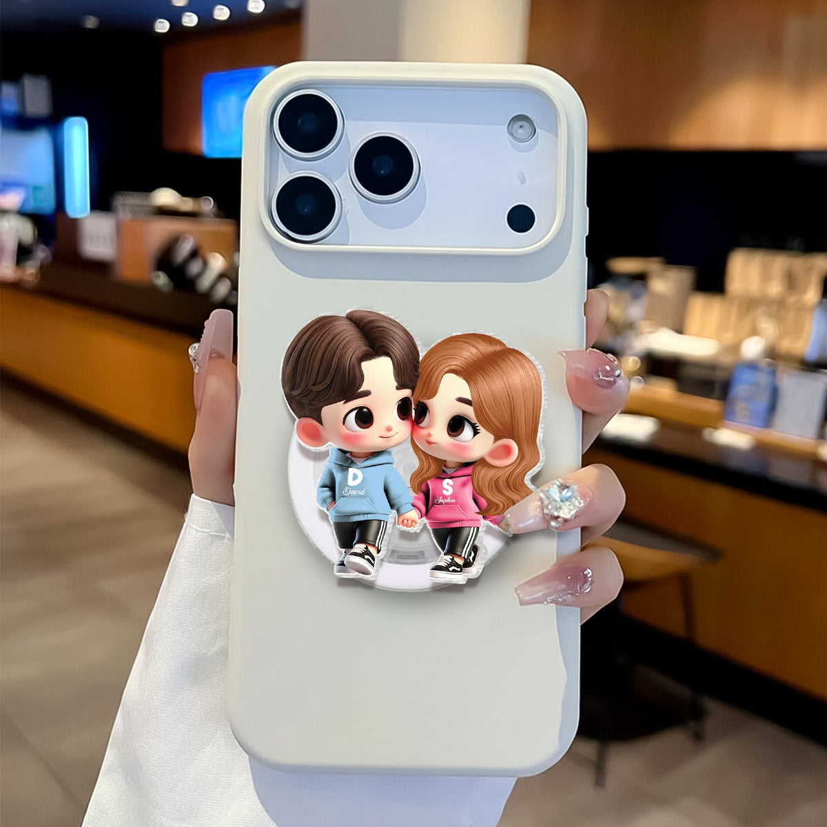 3D Effect Cute Cartoon Couple Holding Hands - Personalized Acrylic Magnetic Phone Grip - Matching Phone Grips for Couples