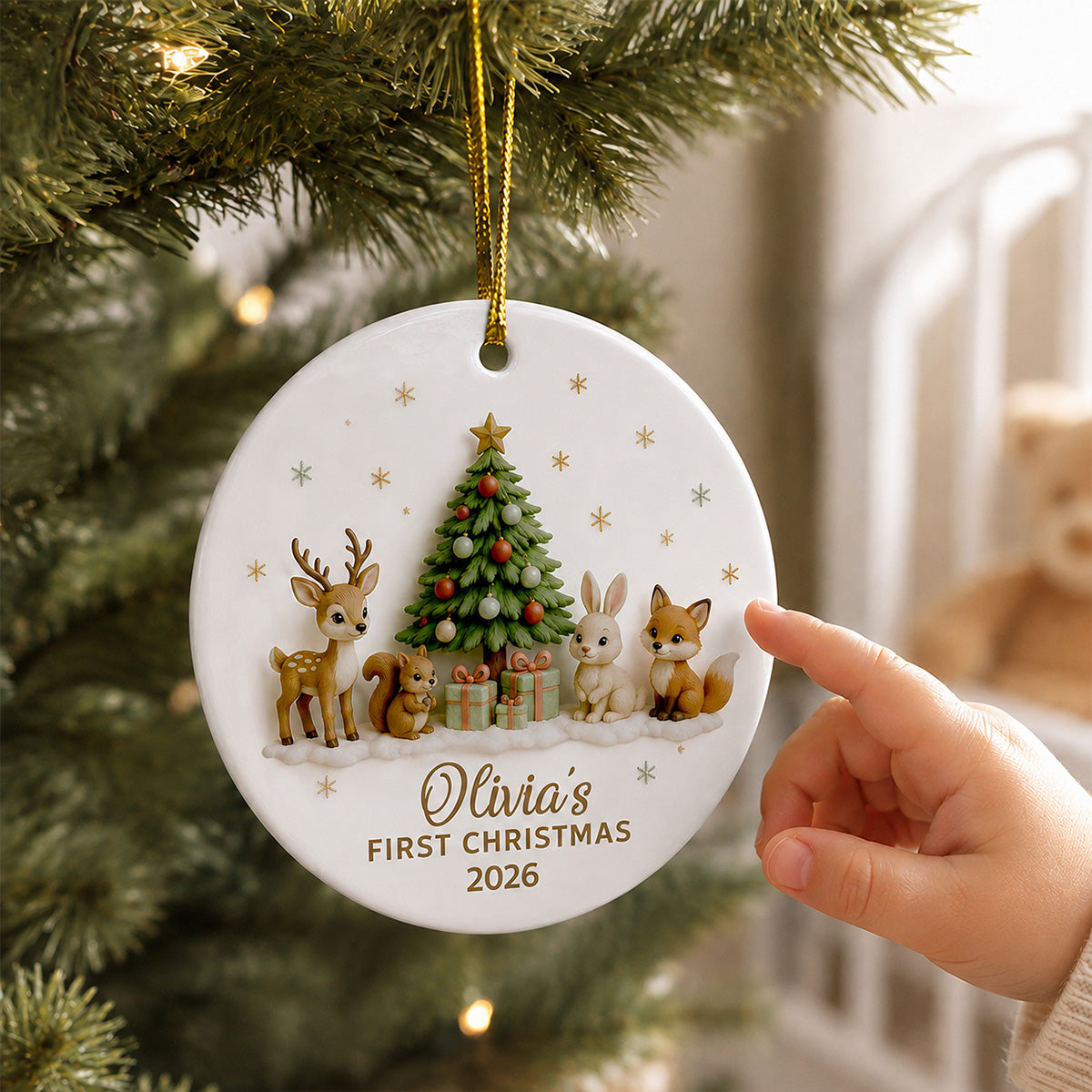 Baby’s First Christmas Tree & Woodland Animals 2D Flat - Personalized Ceramic Ornament - New Baby Christmas Keepsake