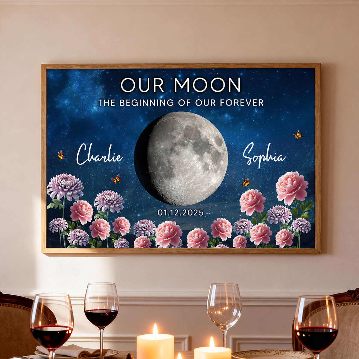Couple Custom Moon Phase Anniversary Date Birth Month Flowers - Personalized Poster - Valentine's Day Gift For Couple
